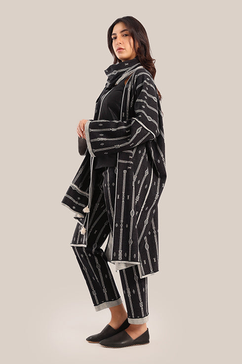 Embroidered striped shawl with tassels